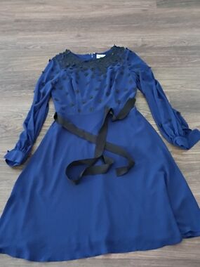 Nue by Shani Deep Blue Dress with Black Floral Trim
